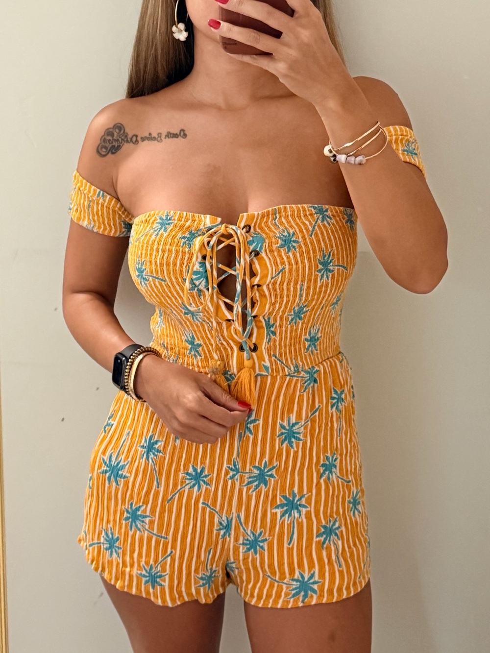 Forever 21 Yellow One-Shoulder Lace-Up Floral Romper